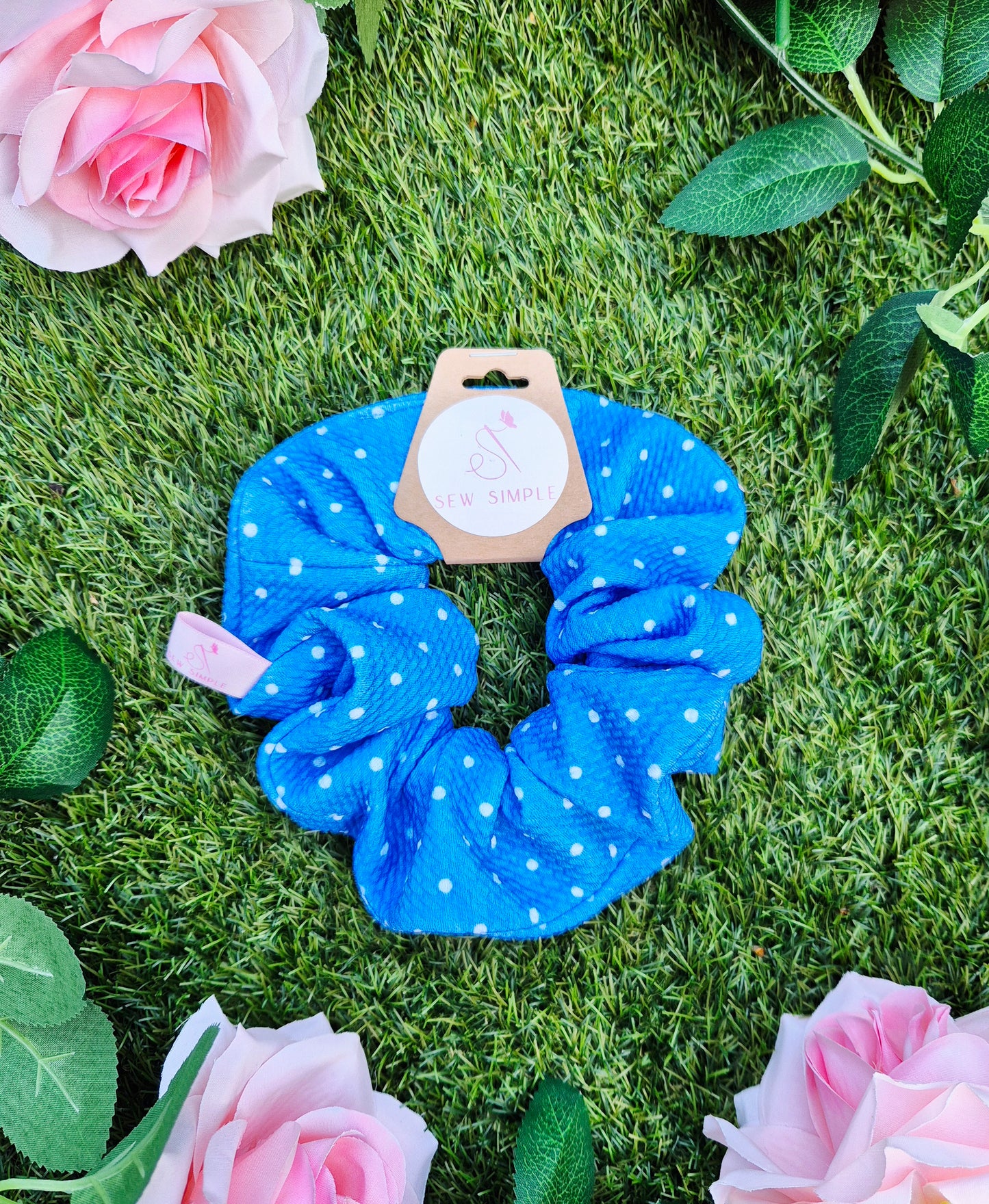 Blue/White Polka Dots Medium Size Hair Scrunchie