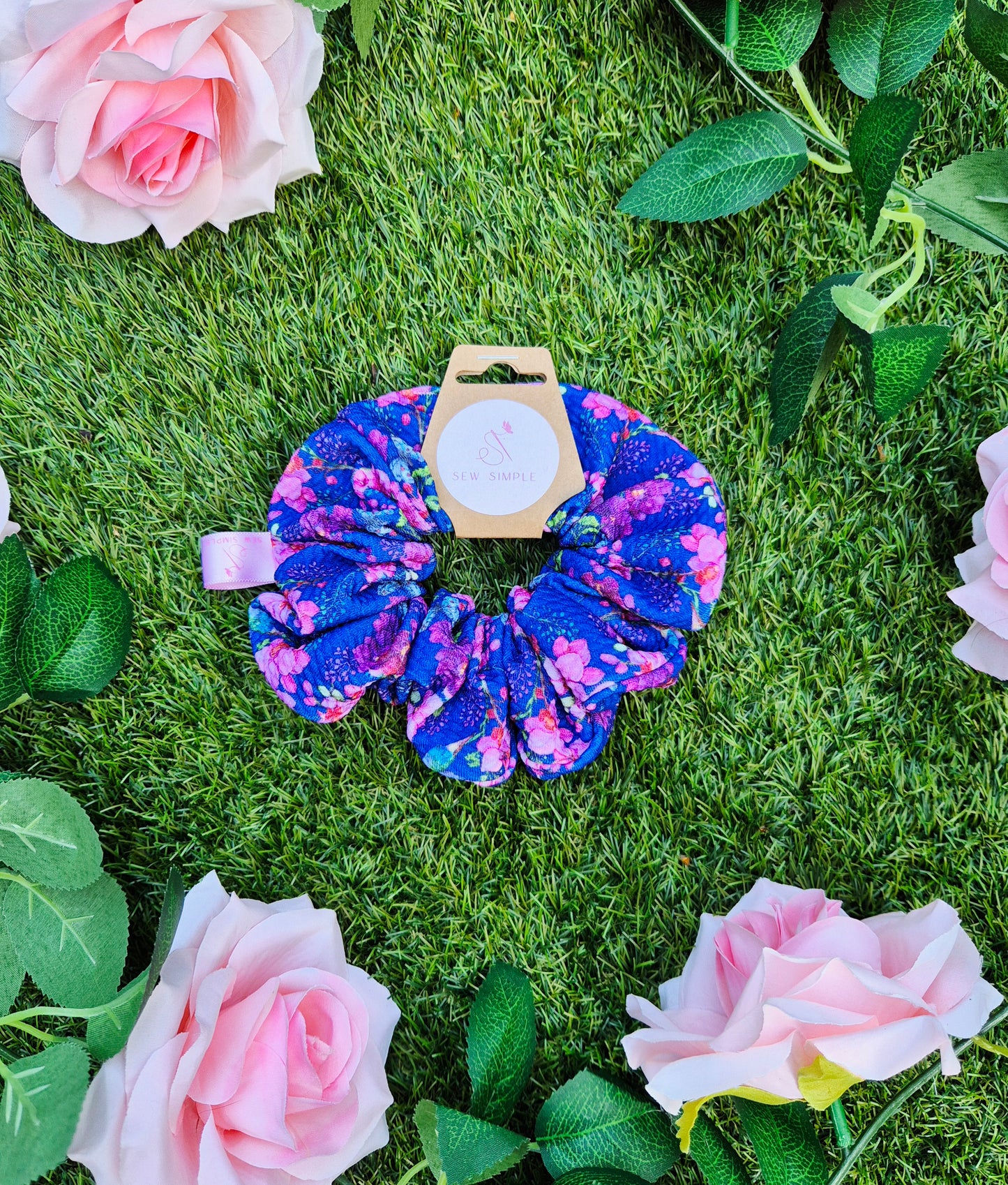 Pink Flower Power Medium Size Hair Scrunchie