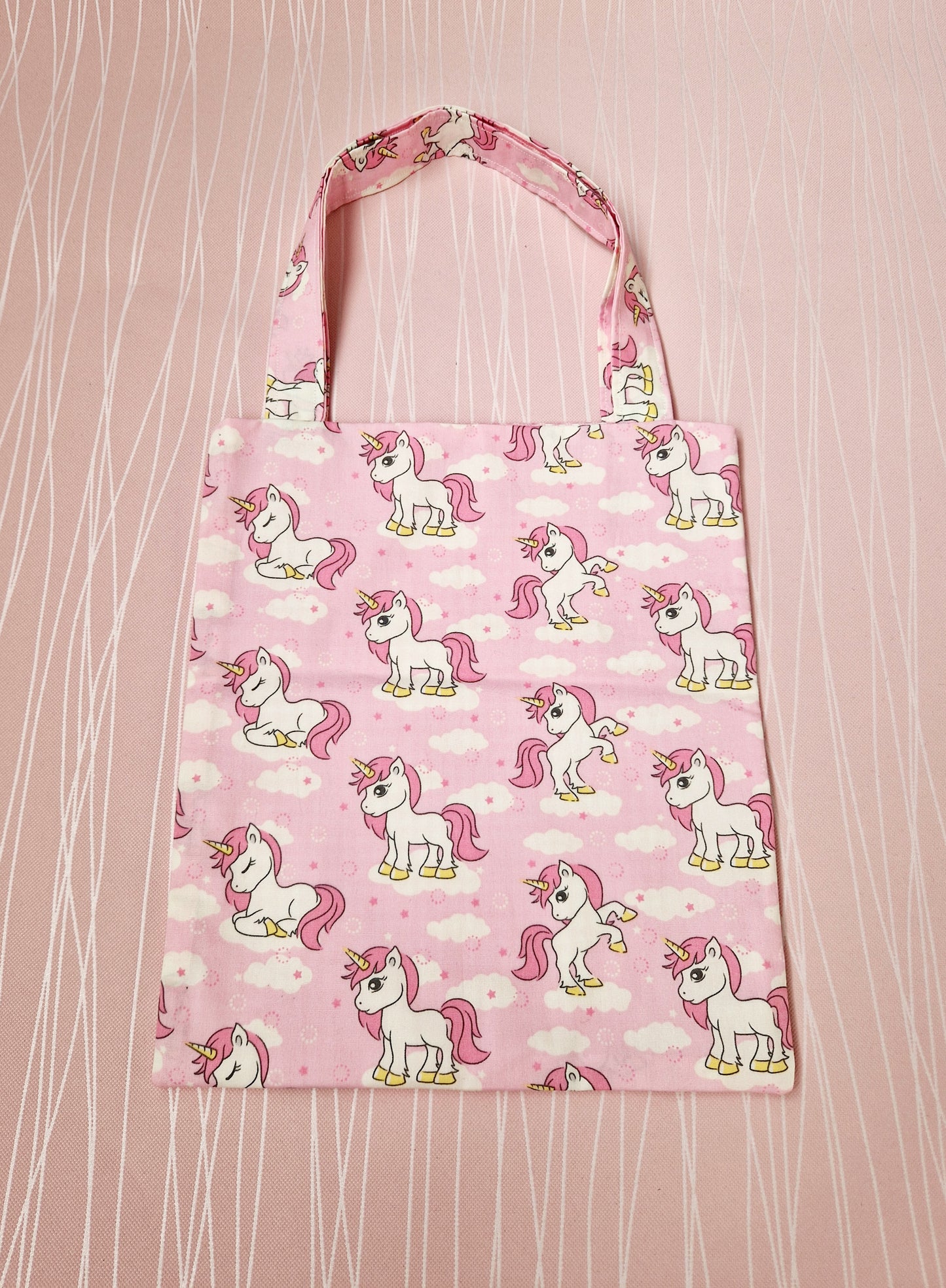 Small handmade tote bag pink cartoon unicorns