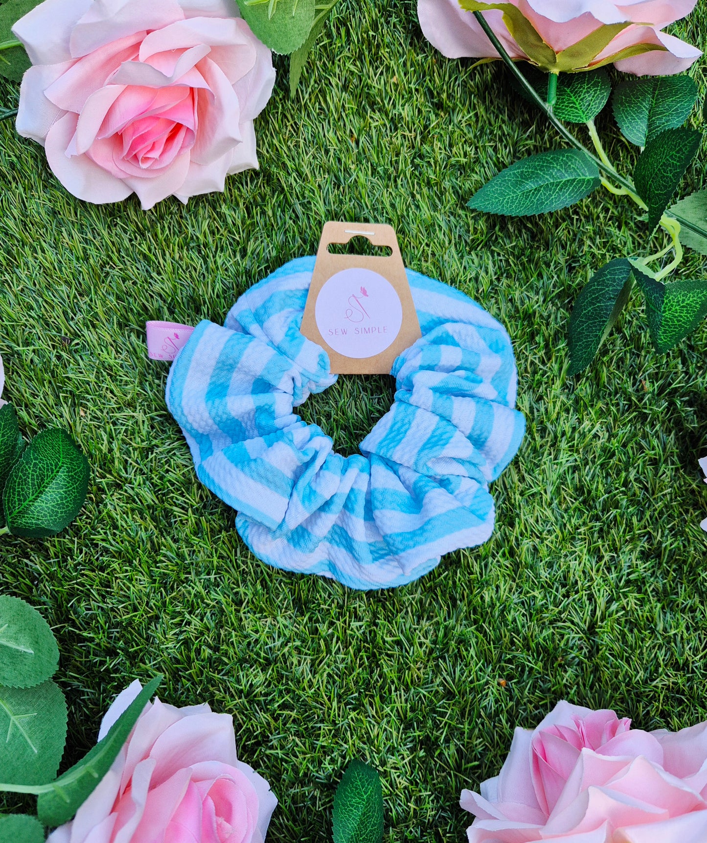 Blue/White Stripes Medium Size Hair Scrunchie