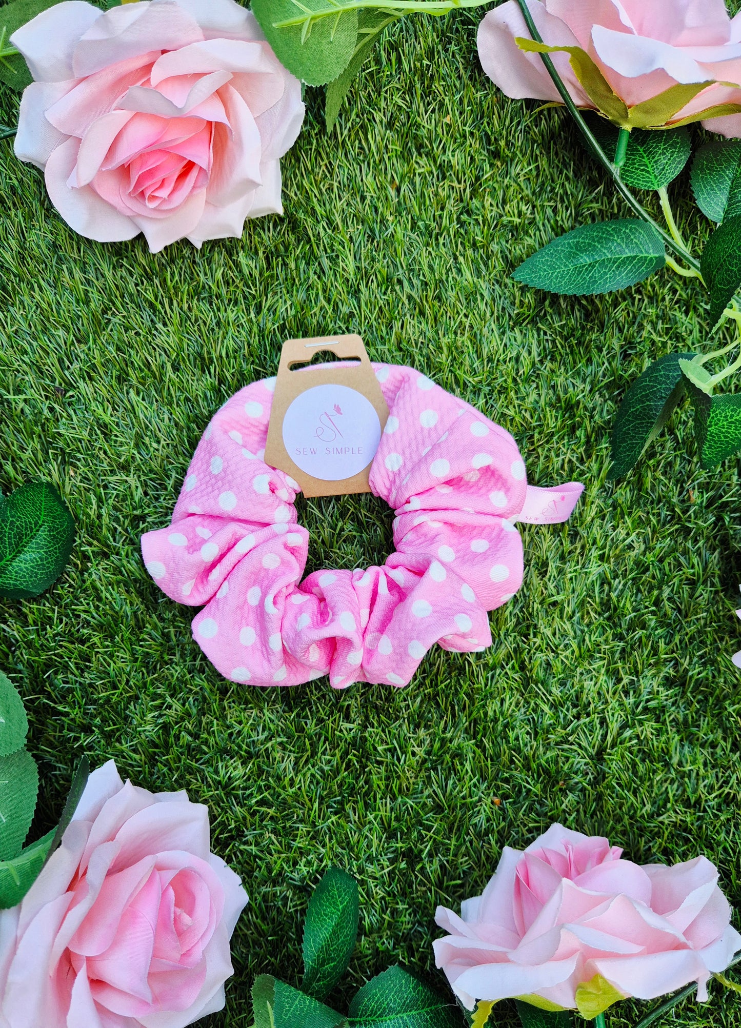 Pink/White Polka Dot Medium Size Hair Scrunchie