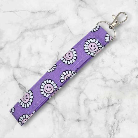 Handmade Wristlet Keychain - Purple happy daisies