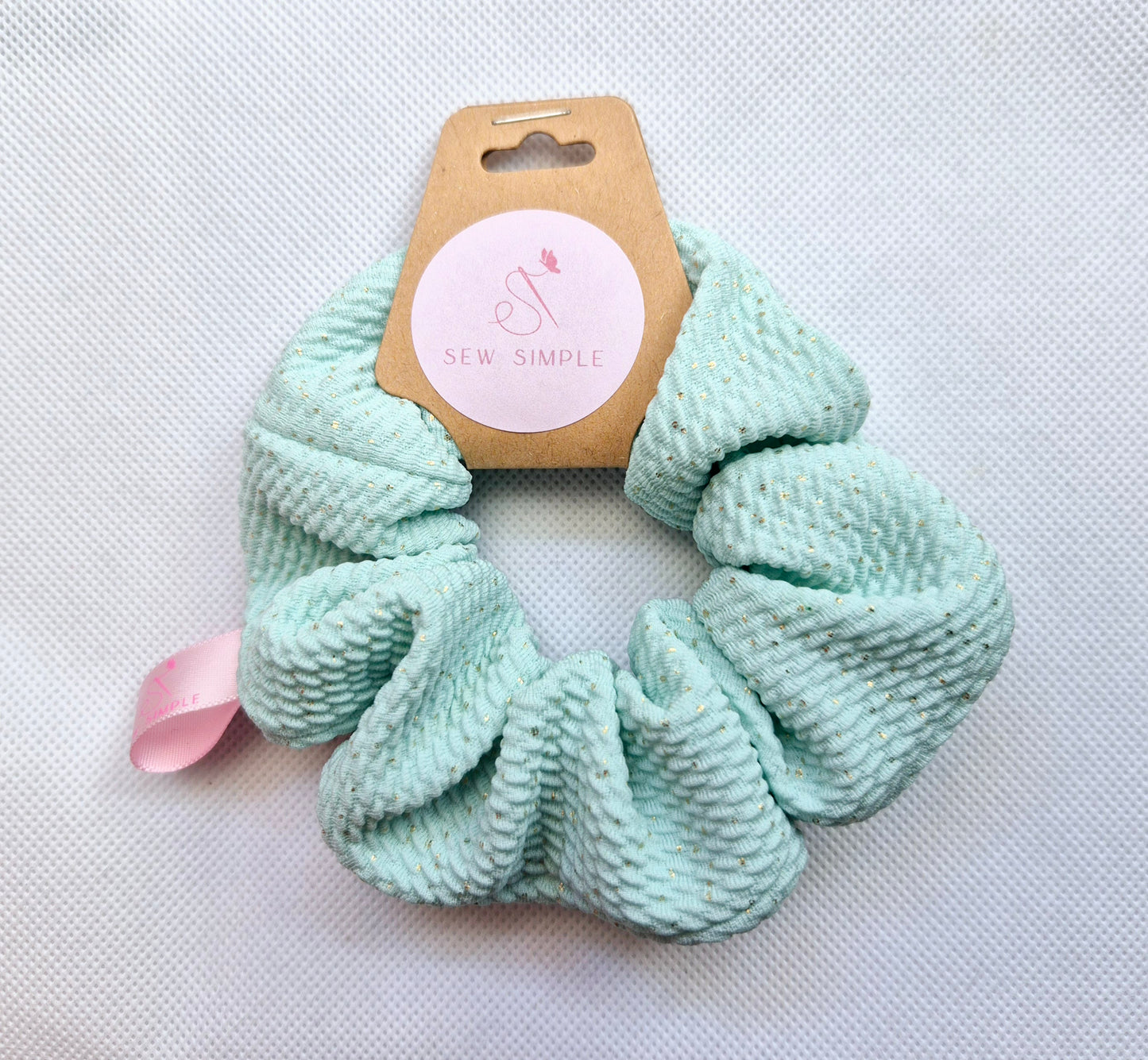 Duck egg green/Gold specs Mini size hair scrunchie