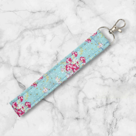 Handmade Wristlet Keychain - Blue/gold floral