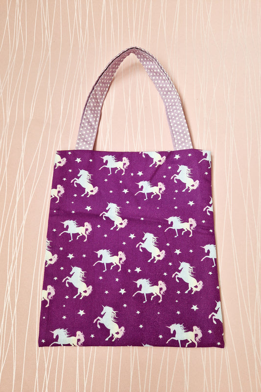 Small handmade tote bag Purple unicorns