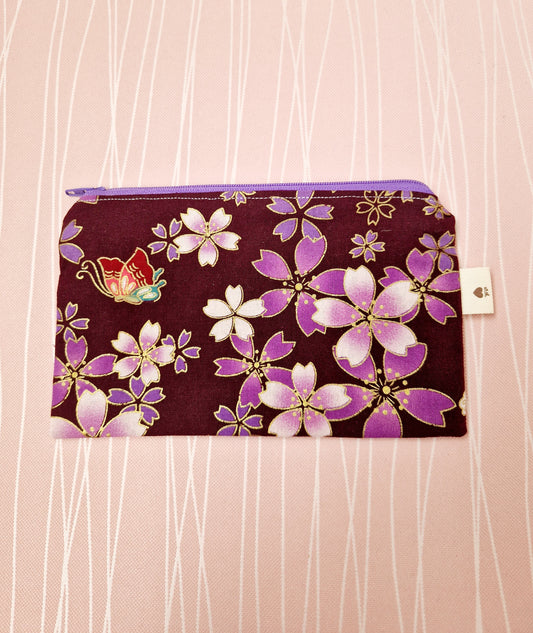 Handmade cotton zipper pouch medium purple/gold pansies