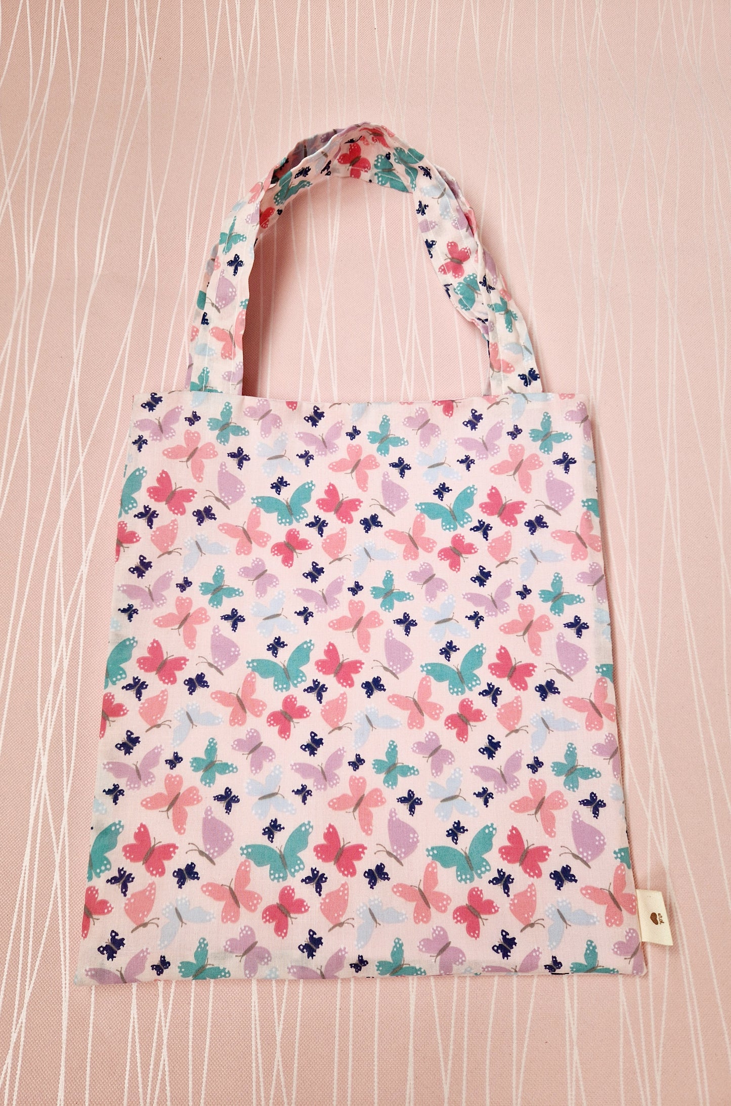 Small handmade tote bag pink butterflies