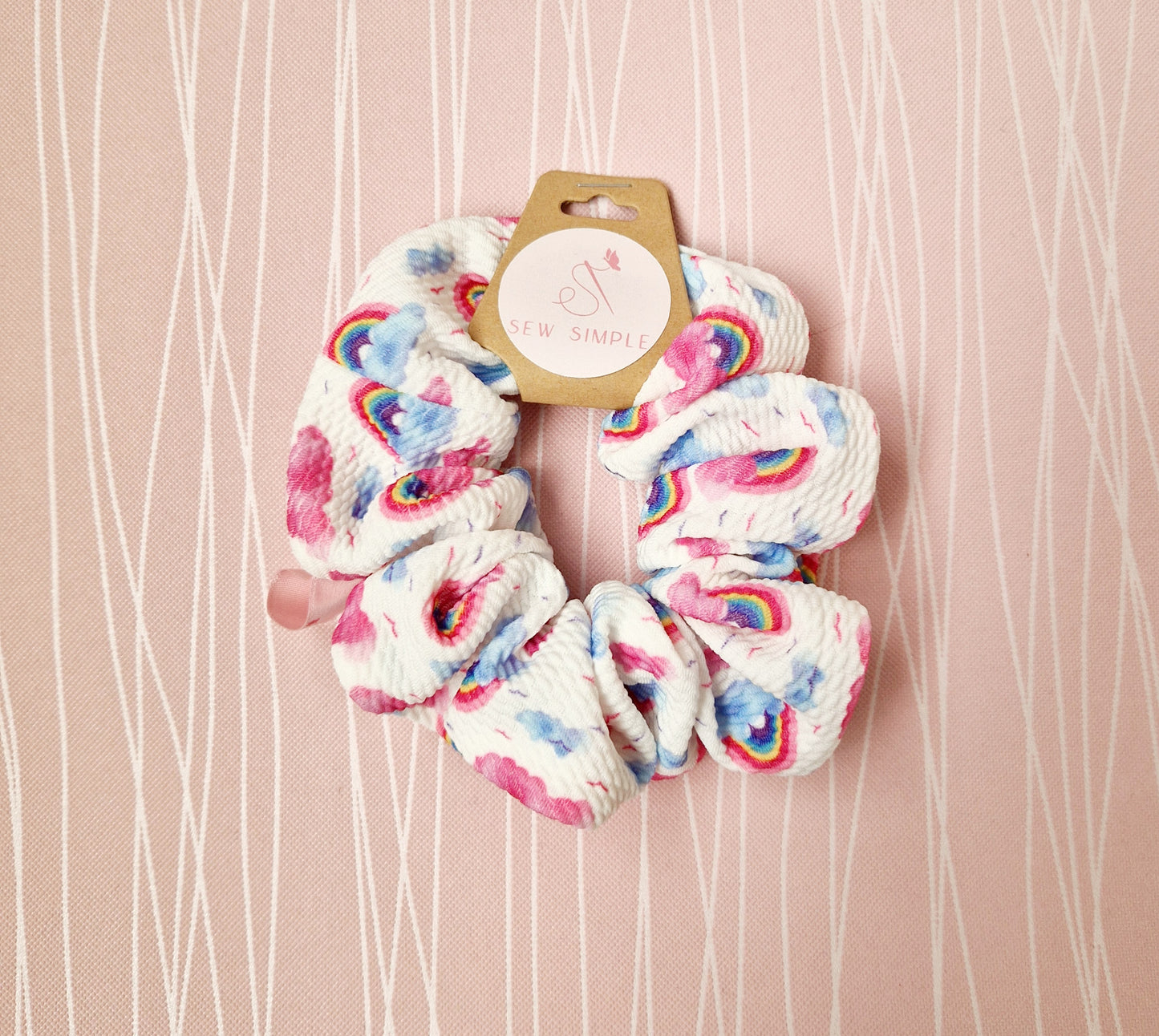 Colourful Rainbow clouds hair scrunchie medium